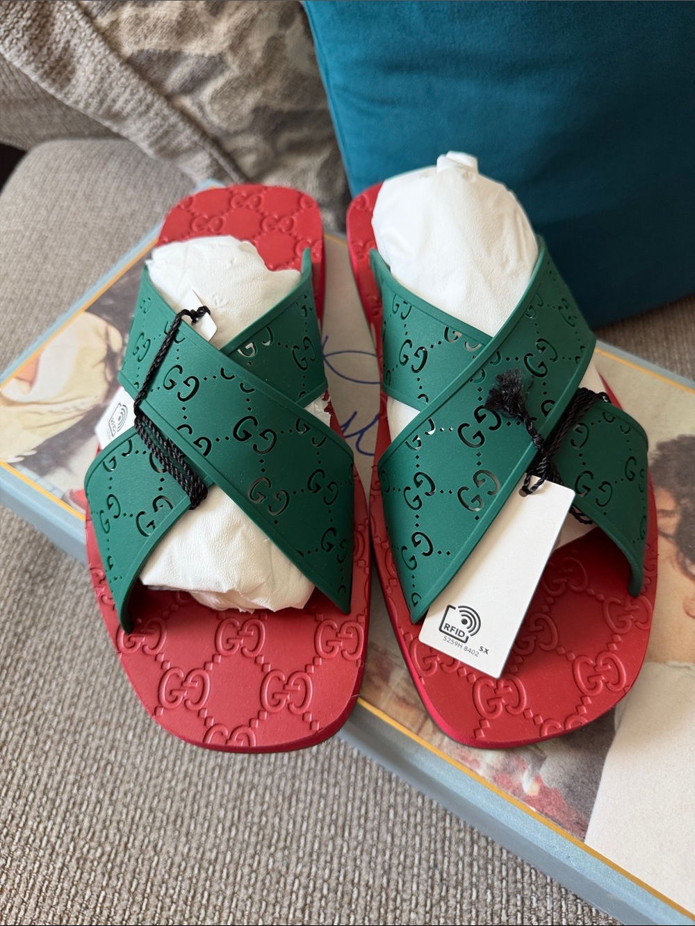 Gucci Green Cross-Strap Sandals with Red Embossed Sole